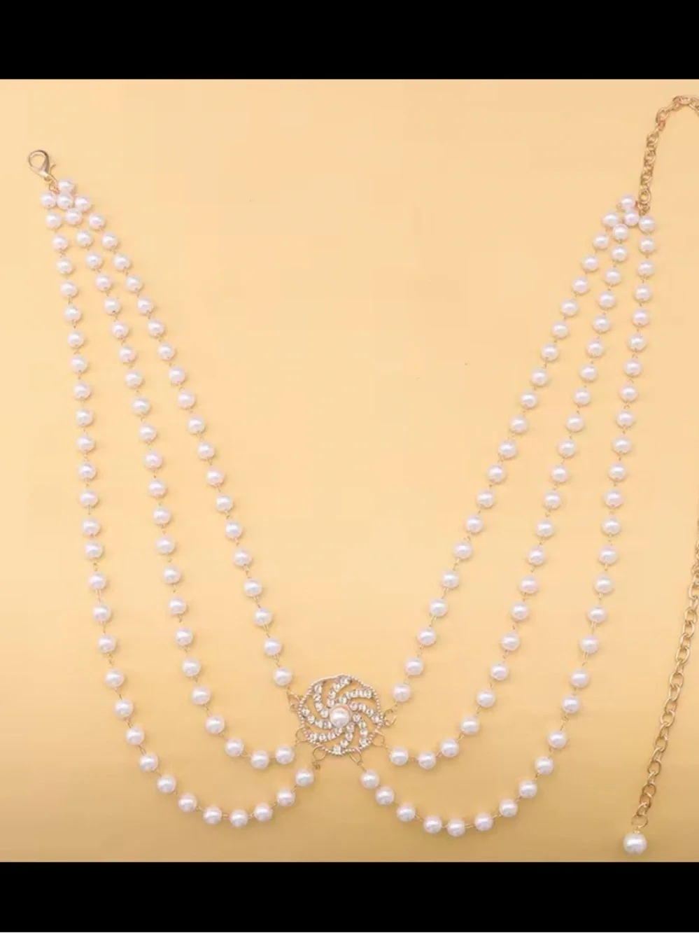 Anthropologie White Pearl Multi-Strand Waist Chain with Gold Medallion